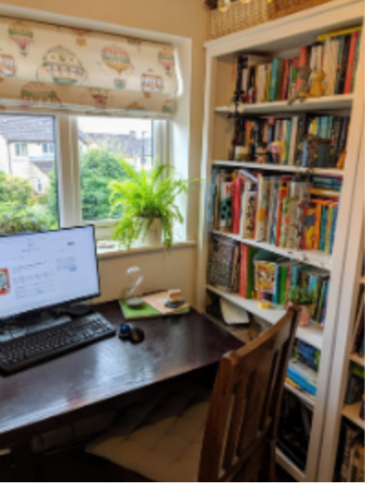 Room with books on shelves and laptop on desk in front of window