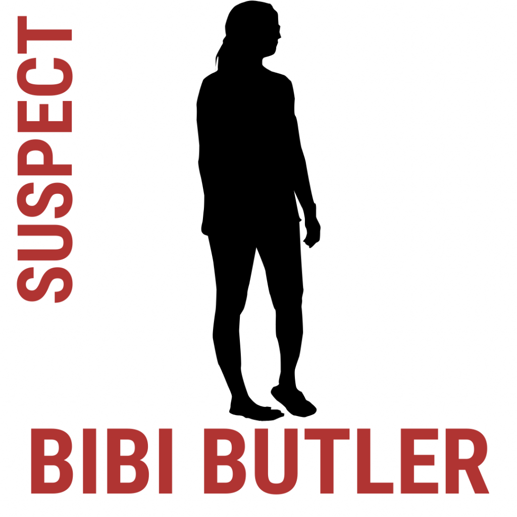 silhouette of a woman with Bibi Butler underneath and Suspect written down the side
