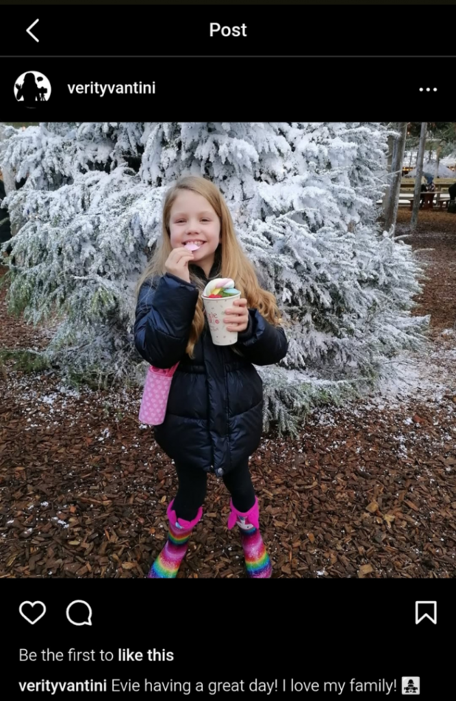 screenshot of instagram post: young girl with long blonde hair smiling at camera