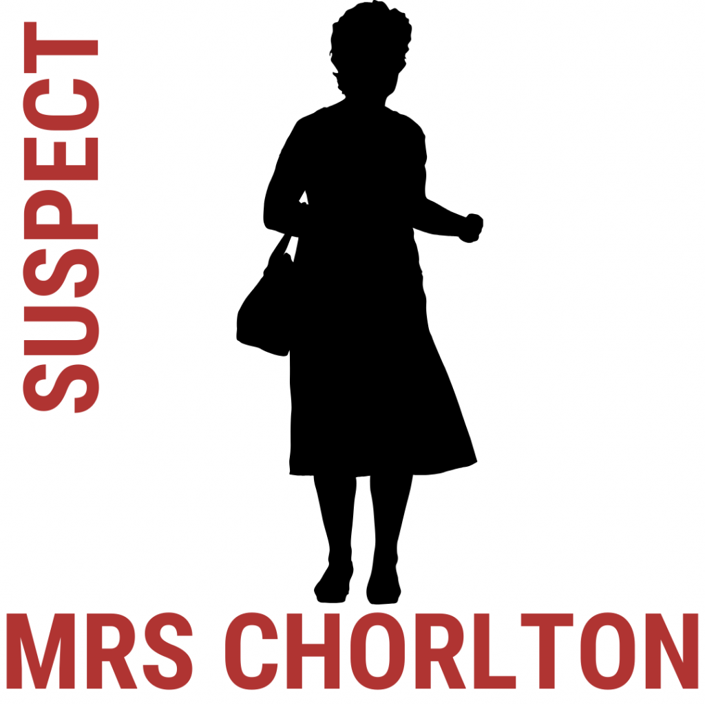 silhouette of a woman with Mrs Chorlton underneath and Suspect written down the side