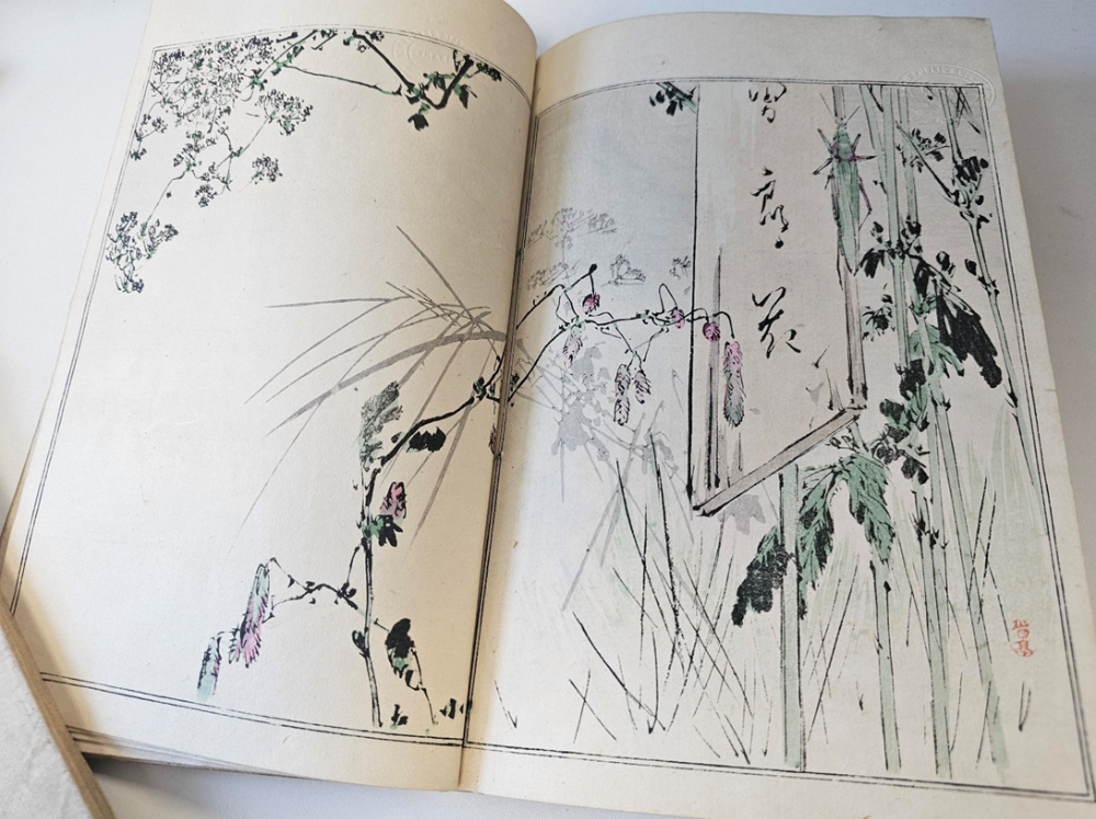 bamboo and other tree branches, with banner with Japanese characters