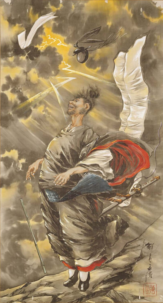 colour modern illustration of a man stood on a rock with wind swirling