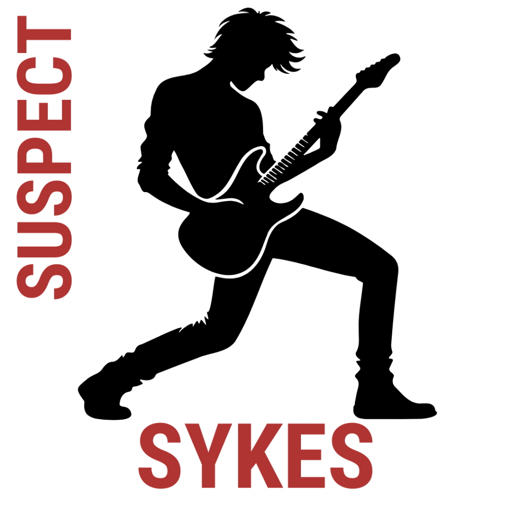 silhouette of a man with guitar with Sykes underneath and Suspect written down the side