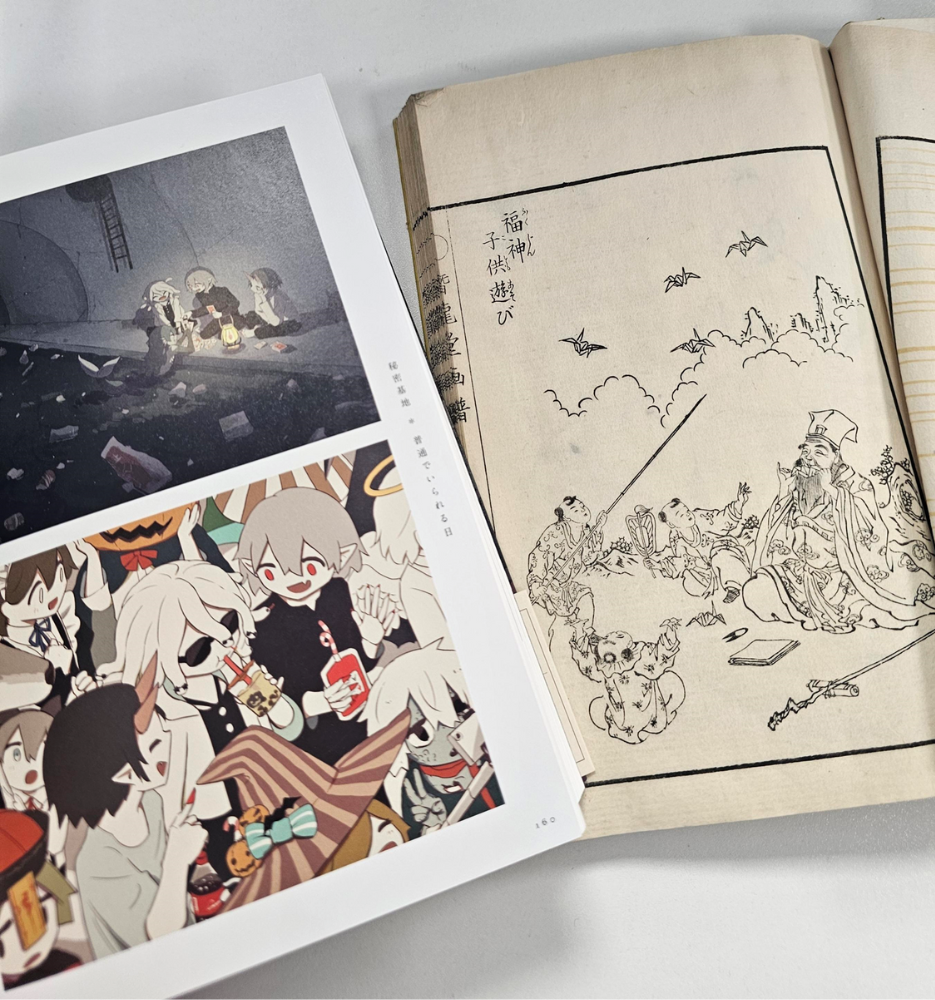 old book with drawings of people side by side with modern manga book