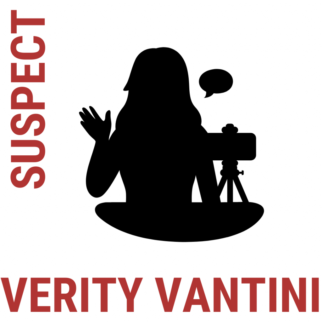 silhouette of a woman sat with camera with Verity Vantini underneath and Suspect written down the side