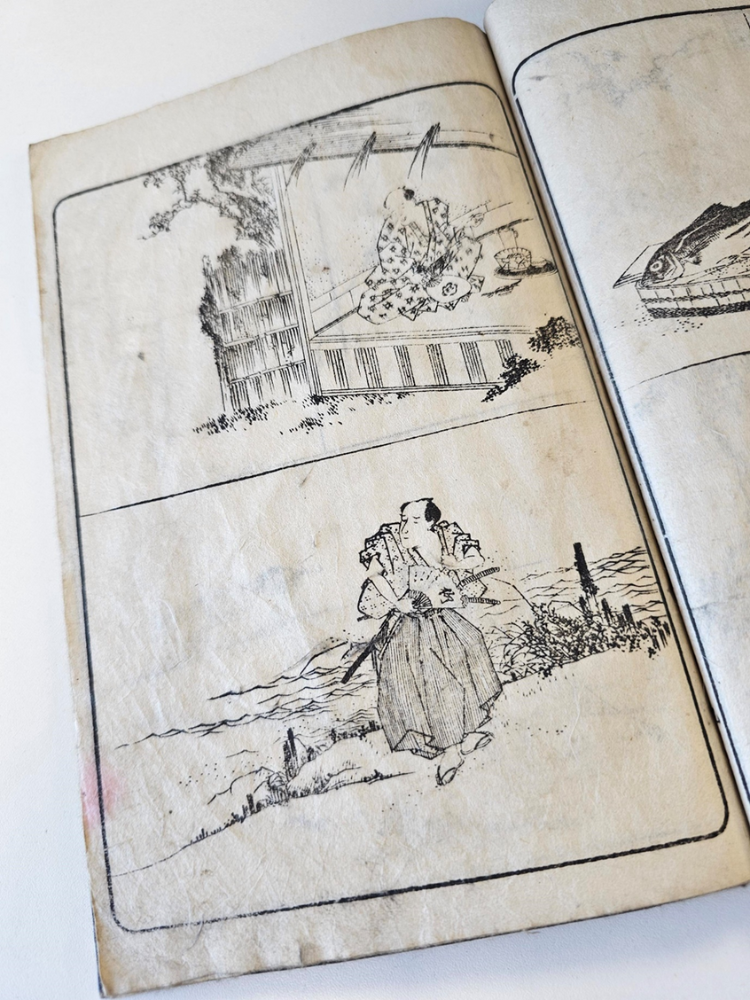 two hand drawn panels depicting people in traditional dress
