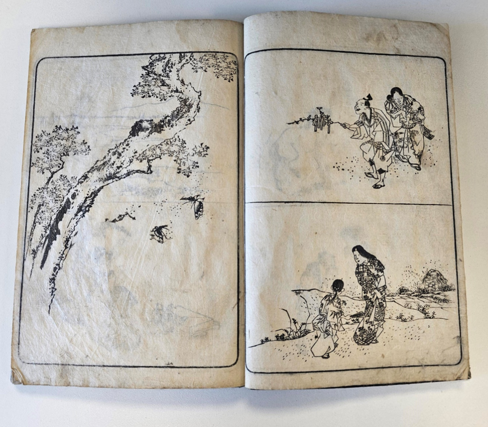 tree with butterflies on left page, 2 panels of people on right