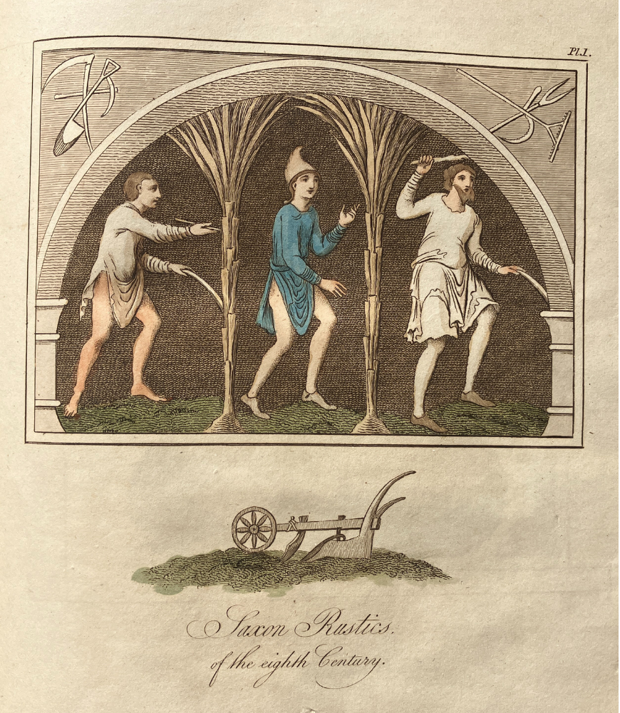colour illustration of 3 men in smocks divided by stalk of wheat, with a plow depicted underneath