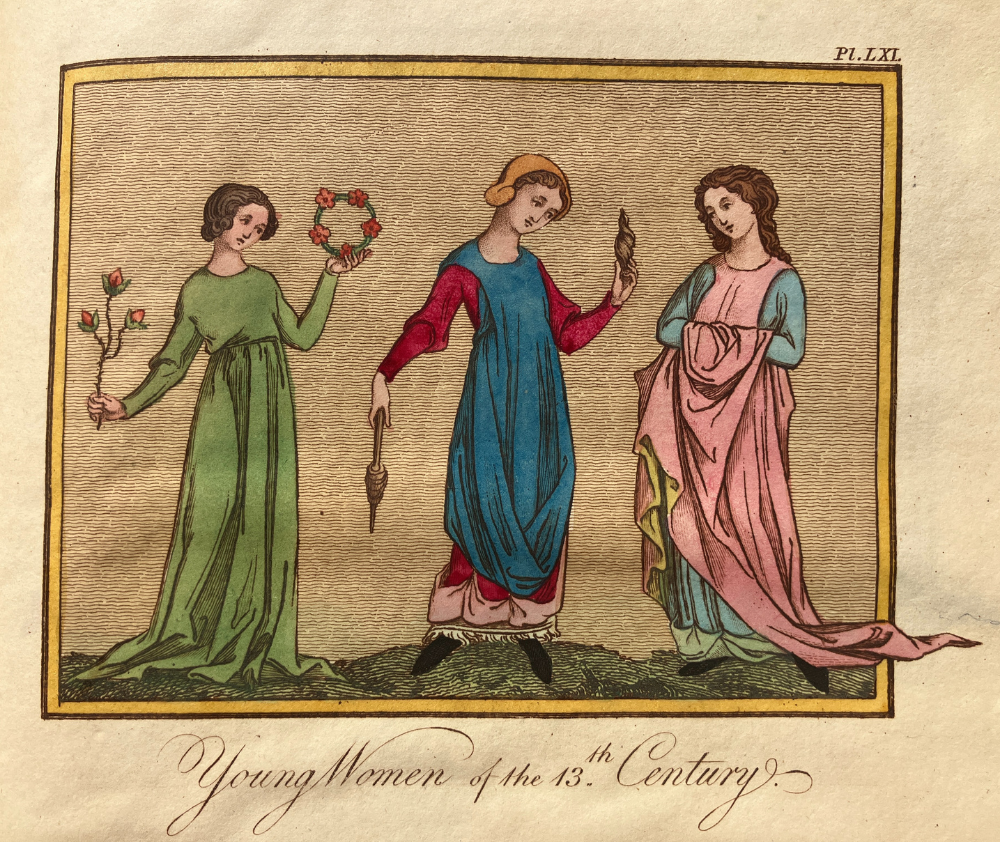 colour illustration of 3 women in colourful long dress, holding flowers and hand spinners