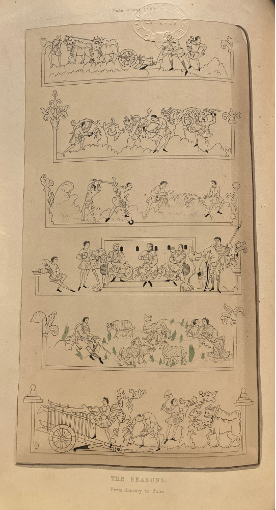 sketch with 6 horizontal panels depicting different activities, such as ploughing
