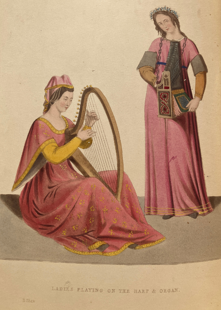 colour illustration of two ladies in long dresses, one seated playing the harp, the other standing with an accordion-like instrument