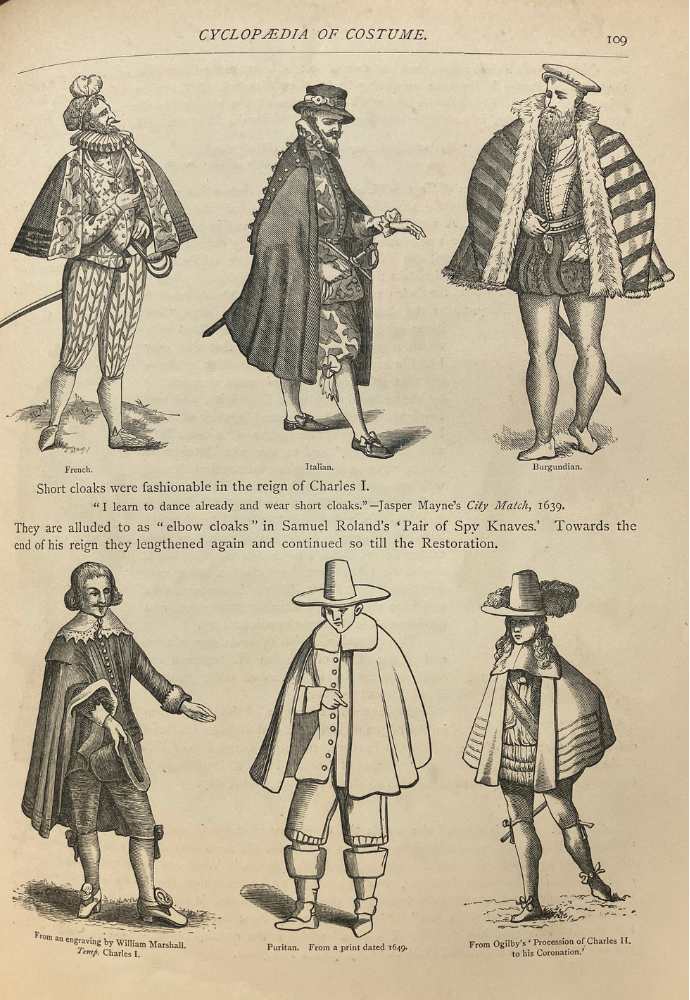drawings of 6 males in varying length and style of cloak