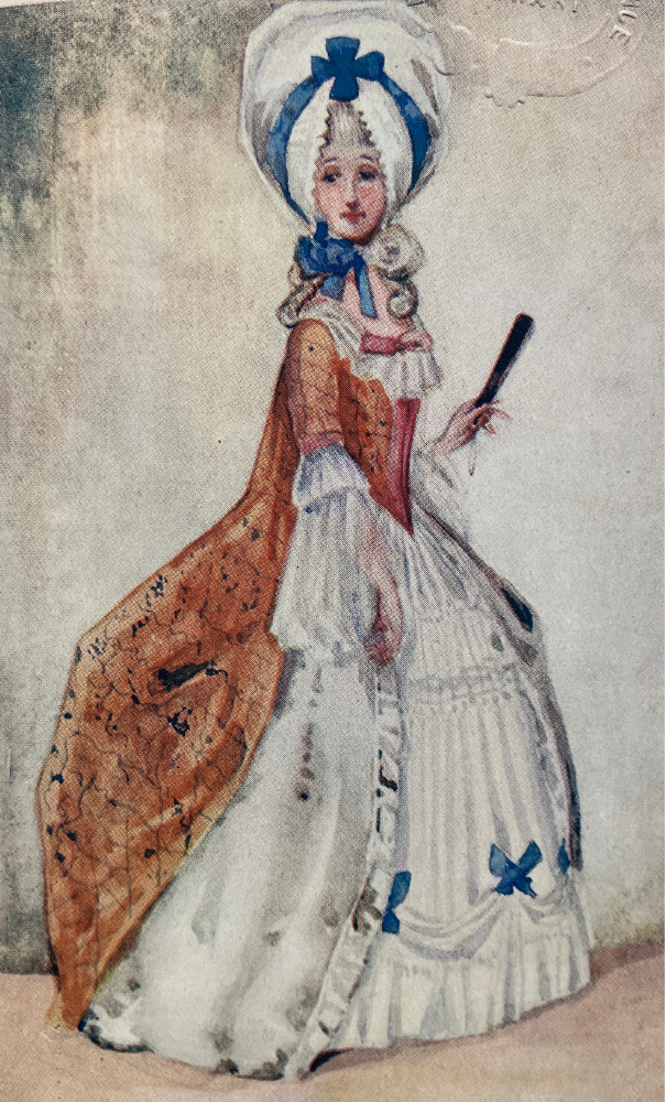 coloured painting of woman in large wig and wide dress