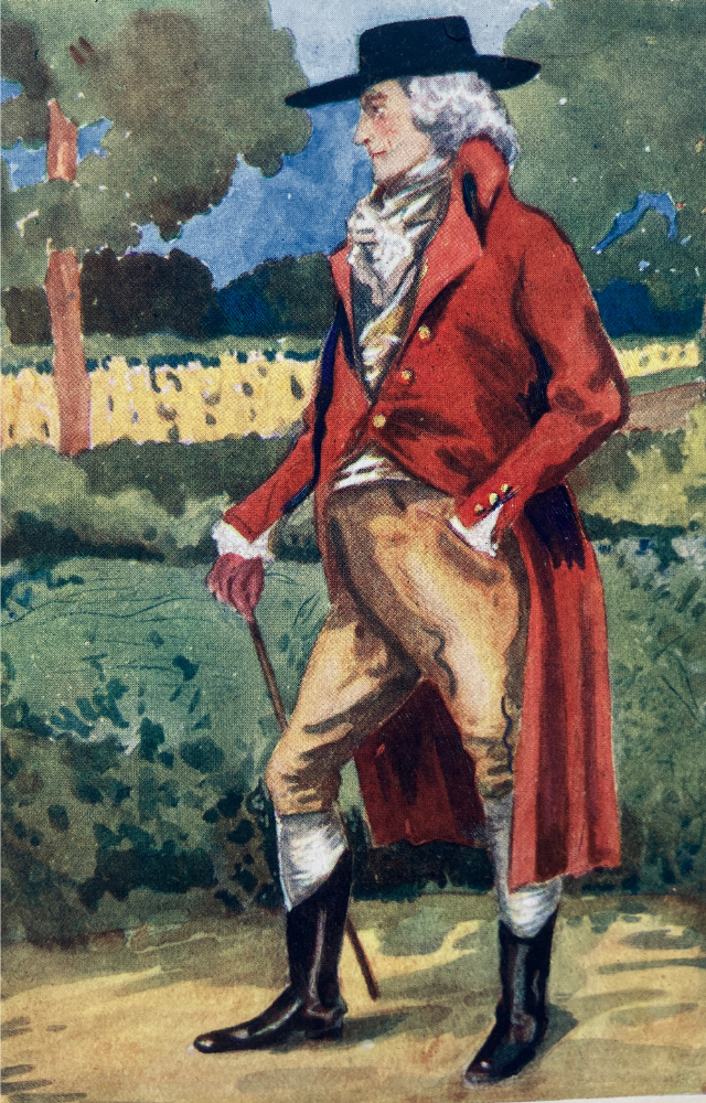 colourful painting of a man with hat and cane in a garden