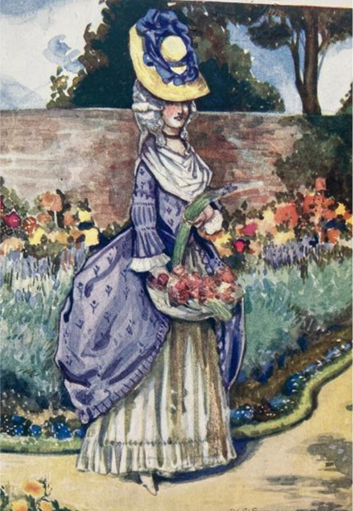 colourful painting of woman in garden with large hat, holding flowers