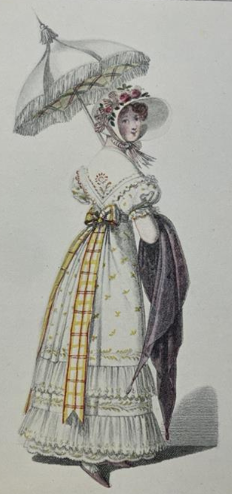 lightly coloured illustration of woman with parasol looking over her shoulder
