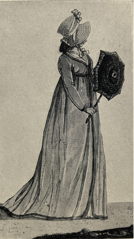 line drawing of woman in heavy coat and umbrella
