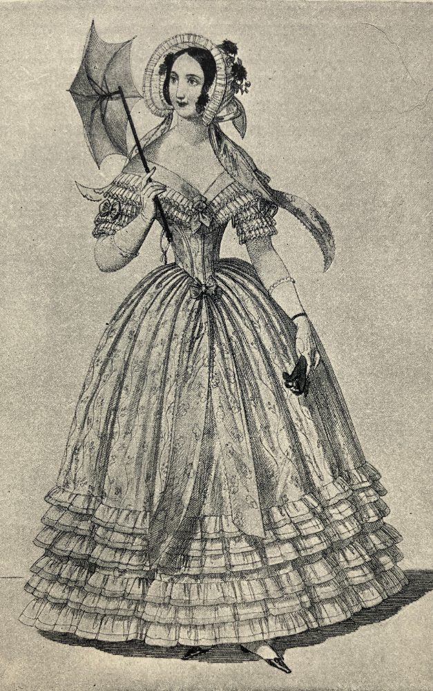 line drawing of woman in diaphanous dress and parasol