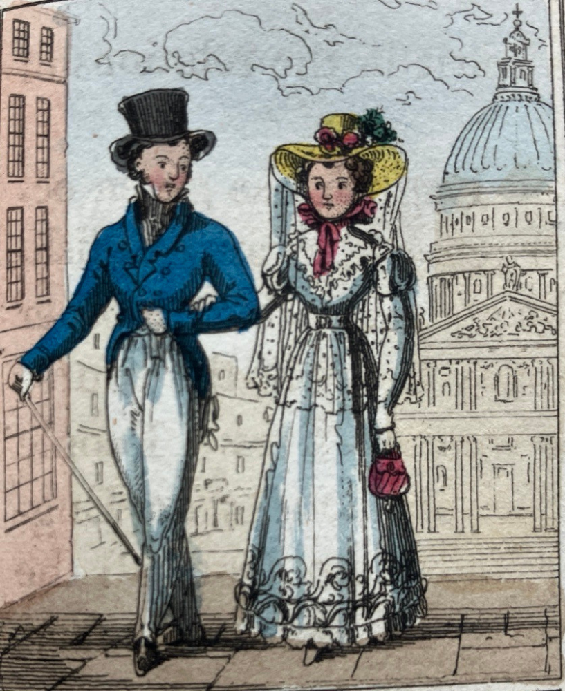colour illustration of a couple walking in front of a church, both in hats