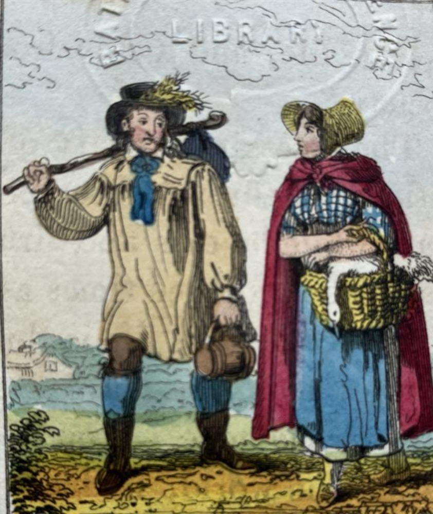 colour illustration of couple in countryside, he in a smock, she in a shawl