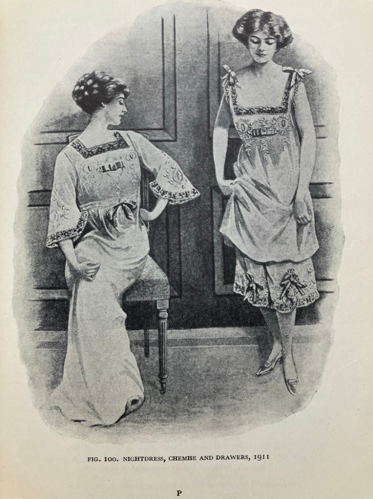 sepia illustration of two women in long under clothes