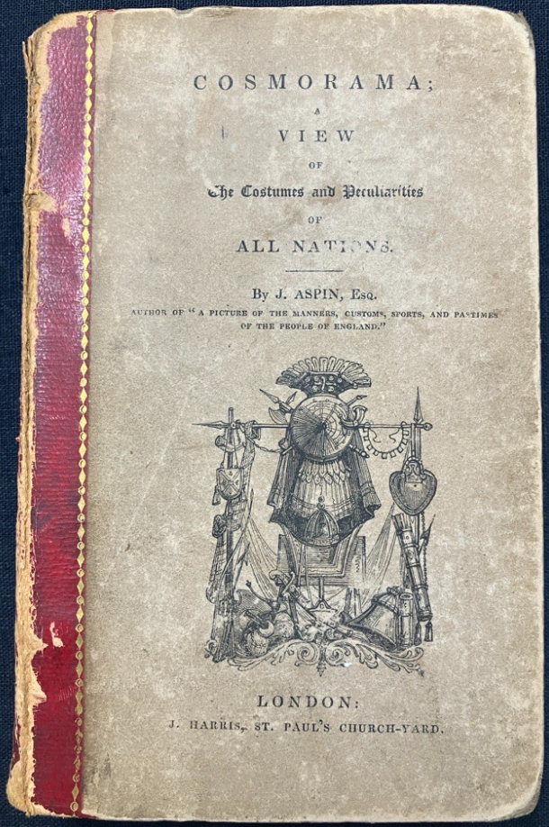 front cover. faded sepia with red leather strip down spine