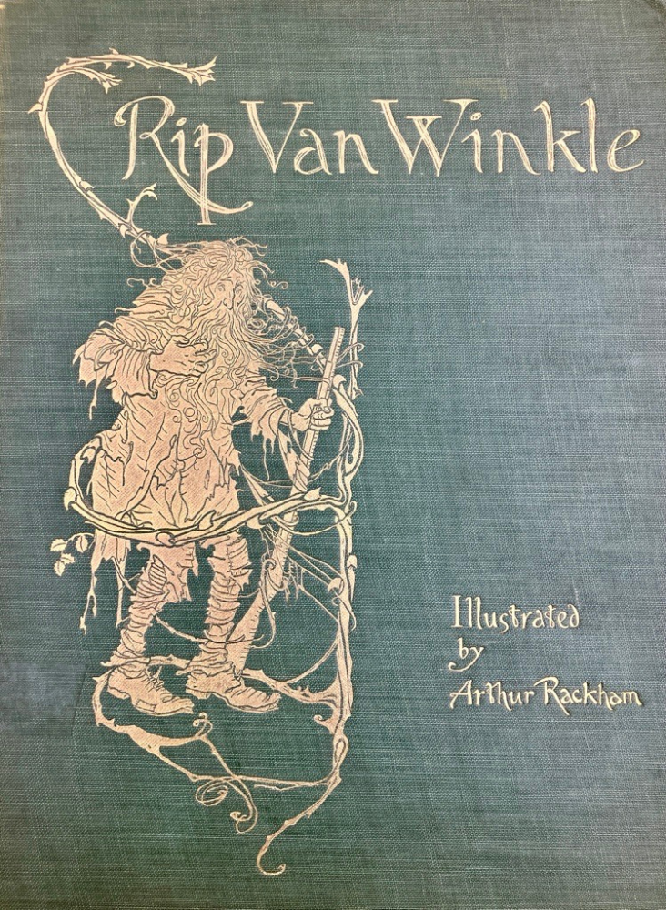 cover of Rip Van Winkle. green fabric with gold title and author embossing. Man with vines embossed in gold.