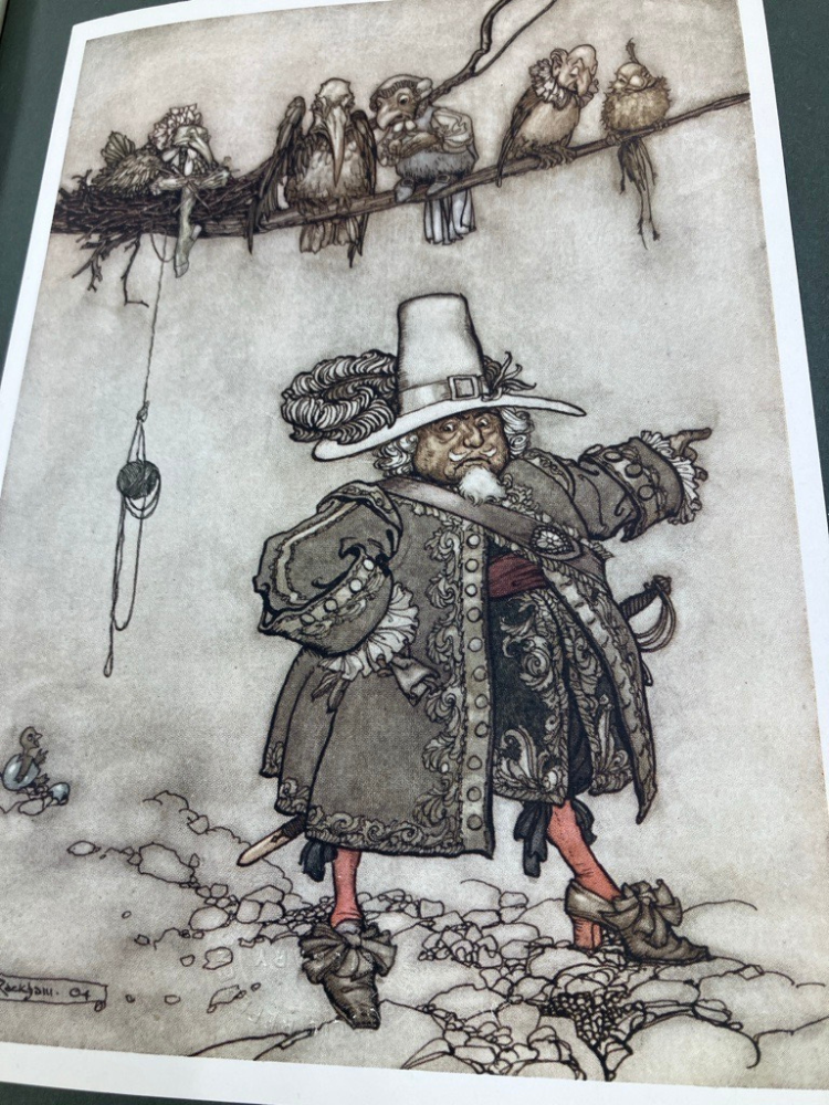 line drawing of man in hat with a feather and a long coat pointing to the right. branch with birds above him.