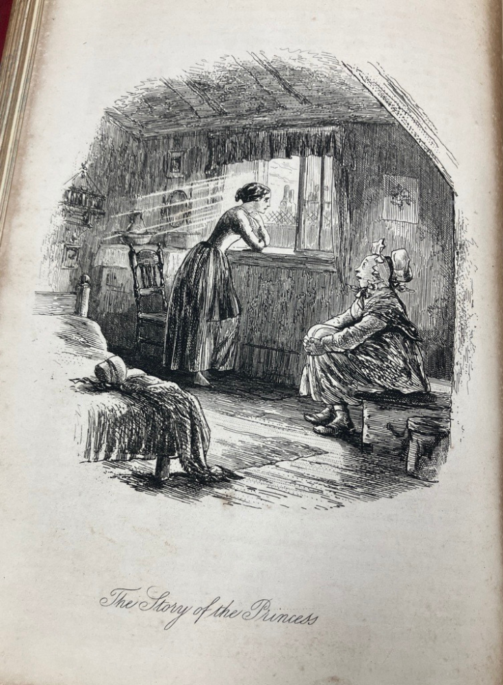 monochrome line drawing of a young woman in a bedroom looking out a window, while an older woman looks on