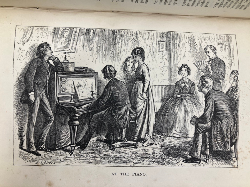 line drawing of people listening to a piano player