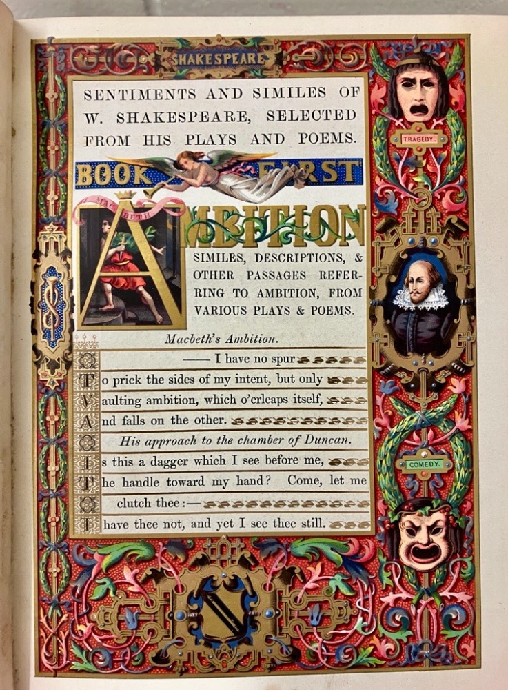 title page with a very colourful intricate design including comedy and tragedy masks, portraits of Shakespeare, and fleur de lis.